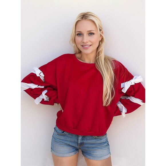 Contrast Bow Round Neck Long Sleeve Sweatshirt - Picture 3 of 5